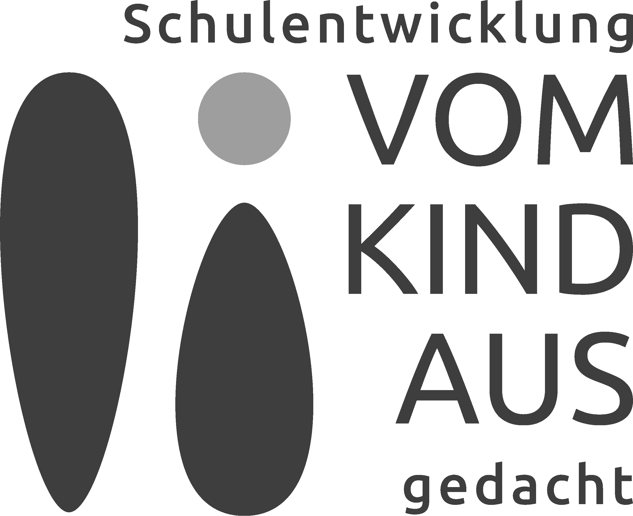 Logo mit einem großen, auf dem Kopf stehenden Tropfen ganz links und einem kleineren Tropfen daneben. Der kleinere Tropfen hat als "Kopf" einen gelben Kreis . Der Text: "Schulentwicklung vom Kind aus-gedacht" steht an der rechten Seite der Tropfen.